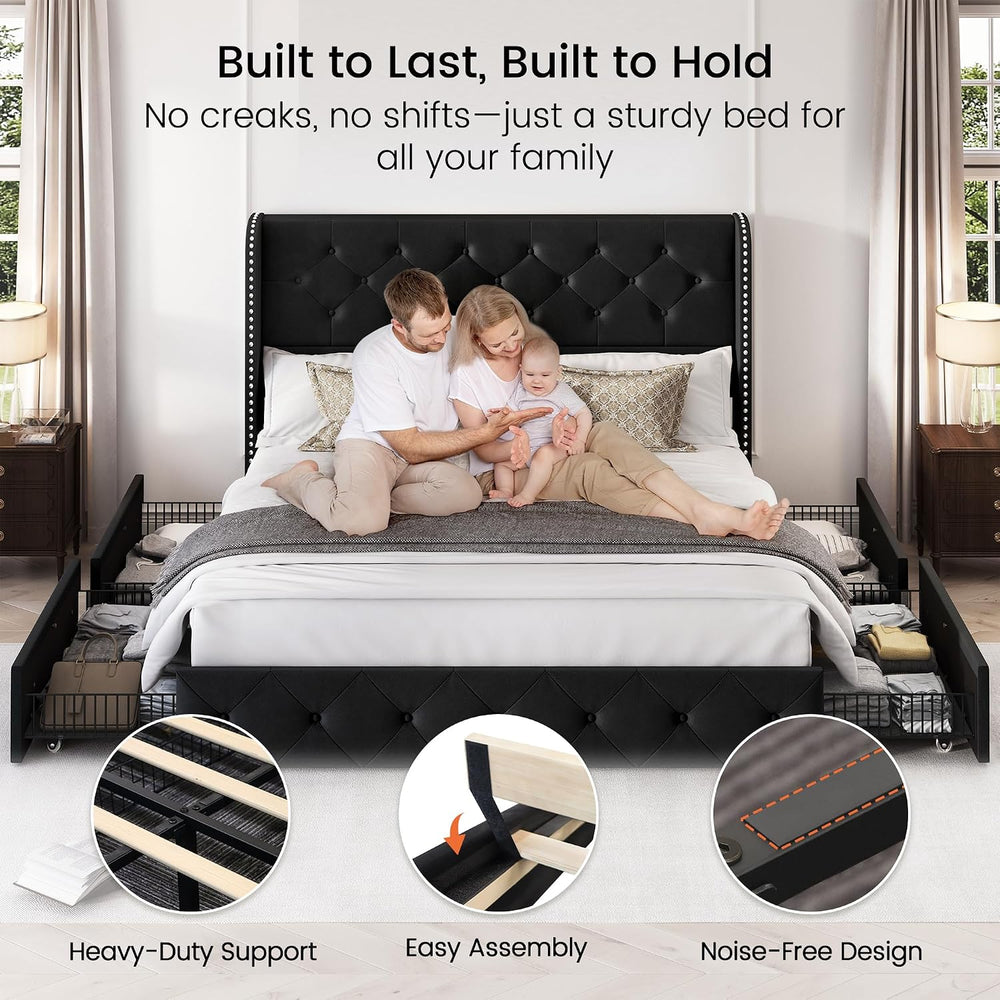 LARMACE Queen Size Bed Frame with 4 Storage Drawers and 47.2" Tall Wingb...