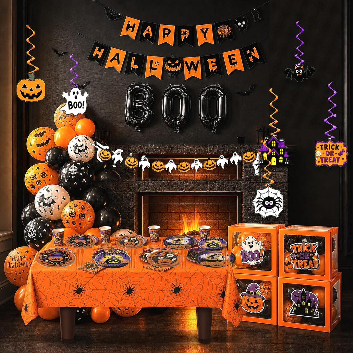 UJoyant 323PCS Halloween Party Decorations Set for 25 Guests, Orange Purple Tableware, 4 Balloon Boxes with 12 Custom-Designed Halloween Panels, Backdrop, Balloons and Photo Booth Props