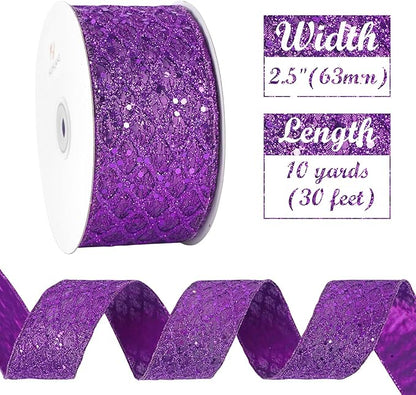 HUIHUANG Purple Wired Ribbon for Christmas Tree 2.5 inch Purple Glitter Diamond - Image 4