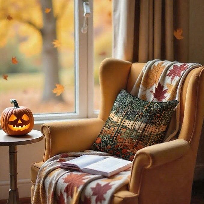 Rustic William Morris Inspired Autumn Forest Decor Throw Pillow Covers 18x18 - Image 4