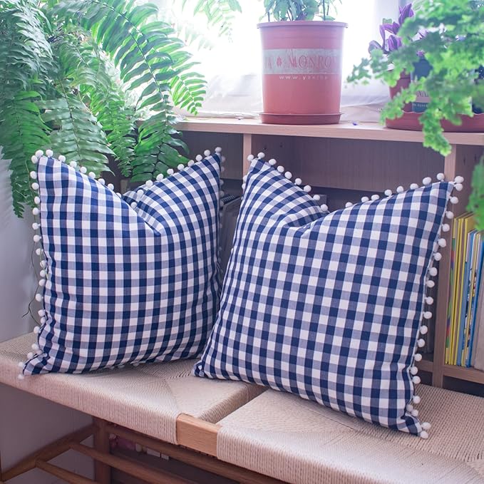 HOPLEE Farmhouse Gingham Pillow Covers Navy Blue Pillow Covers 18x18 Farmhouse by HOPLEE