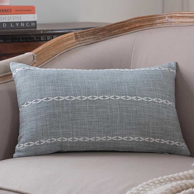 vctops Rustic Striped Cotton Linen Decorative Throw Pillow Cover Embroidery by vctops