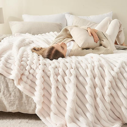 NEWCOSPLAY Super Soft Twin Blanket Ivory Premium Silky Flannel Fleece 3D Ribbed - Image 4