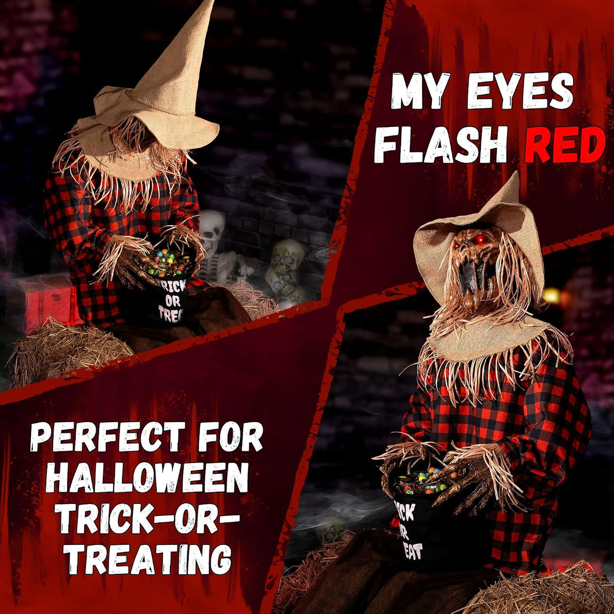 Halloween Animatronics Decorations Scary Sitting Scarecrow with Candy Bag, 55'' Animated Jumpscare Halloween Props with Sound & Motion Activated, Lighted Eyes, Creepy Sound for Haunted House Outdoor