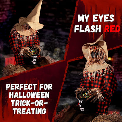 Halloween Animatronics Decorations Scary Sitting Scarecrow with Candy Bag, 55'' Animated Jumpscare Halloween Props with Sound & Motion Activated, Lighted Eyes, Creepy Sound for Haunted House Outdoor