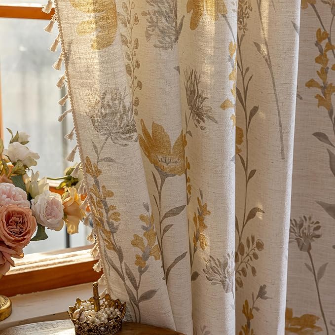 ENJOYBRIDAL Yellow Floral Curtains 84 Inch Length 2 Panels Set Living Room - Image 6