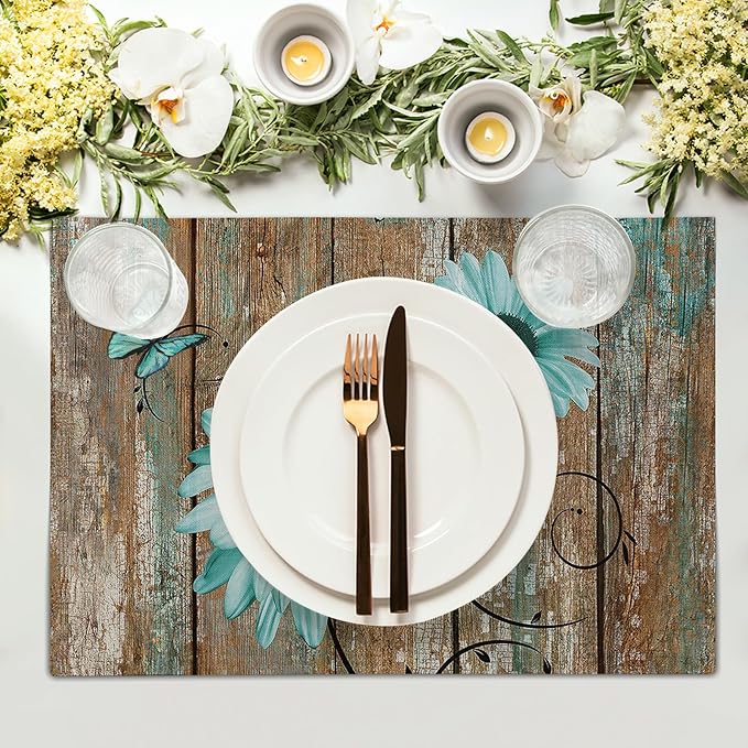 Giwawa Rustic Daisy Placemats Set of 4- Teal Sunflowers on Vintage Wood Board - Image 3