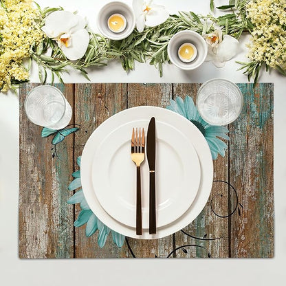 Giwawa Rustic Daisy Placemats Set of 4- Teal Sunflowers on Vintage Wood Board - Image 3