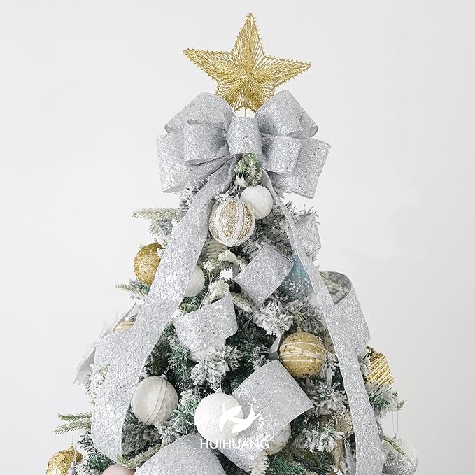 HUIHUANG Silver Christmas Ribbon 4 inch Silver Glitter Wired Ribbon Diamond - Image 7