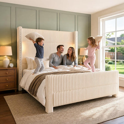 queen bed frame with 56.7" tall wingback headboard on a desk or shelf