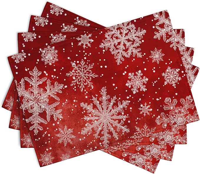Red Snowflake Xmas Placemats Set of 4 Merry Christmas Snowflakes Linen Fabric - Image 2