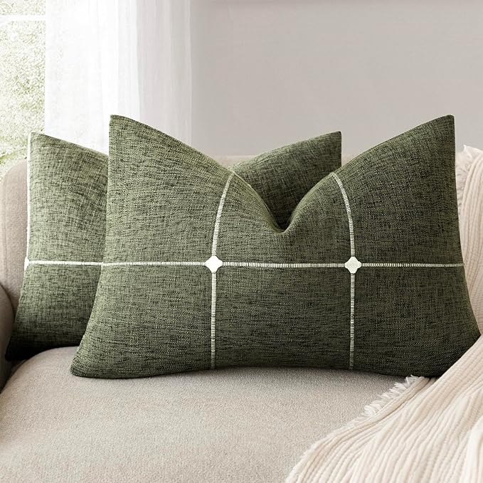 Foindtower Pack of 2 Decorative Faux Linen Jacquard Check Throw Pillow Covers by Foindtower