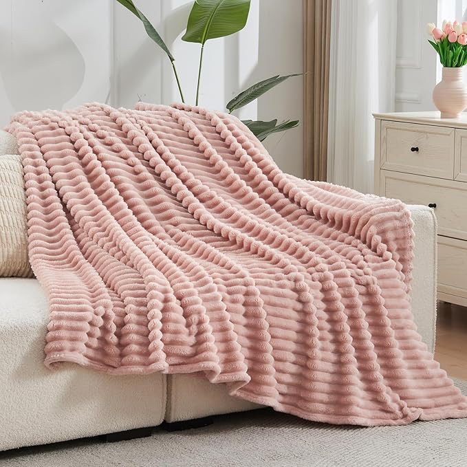 NEWCOSPLAY Super Soft Throw Blanket Pink Premium Silky Flannel Fleece 3D Ribbed - Image 8