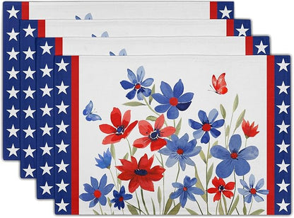 Giwawa 4th of July Placemats Set of 4 Watercolor Patriotic Flowers Stars Table by Giwawa