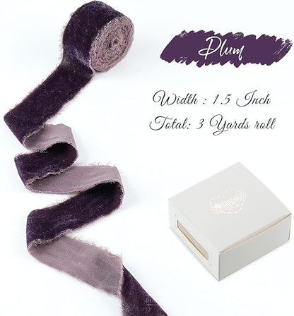 Plum Velvet Ribbon 1.5 Inch Frayed Silk Velvet Rustic Mauve Purple Christmas - Image 2