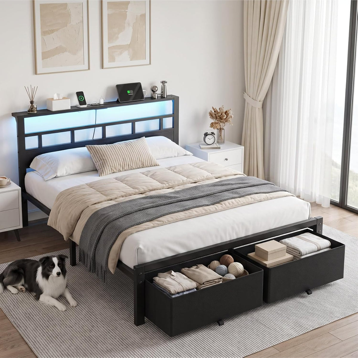 queen size bed frame with 2 storage drawers, front angle view