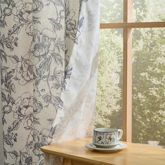 Taupe Floral Linen Curtains for Living Room Bedroom 84 Inches Long Rustic Peony - Image 2