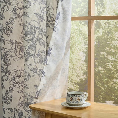 Taupe Floral Linen Curtains for Living Room Bedroom 84 Inches Long Rustic Peony - Image 2