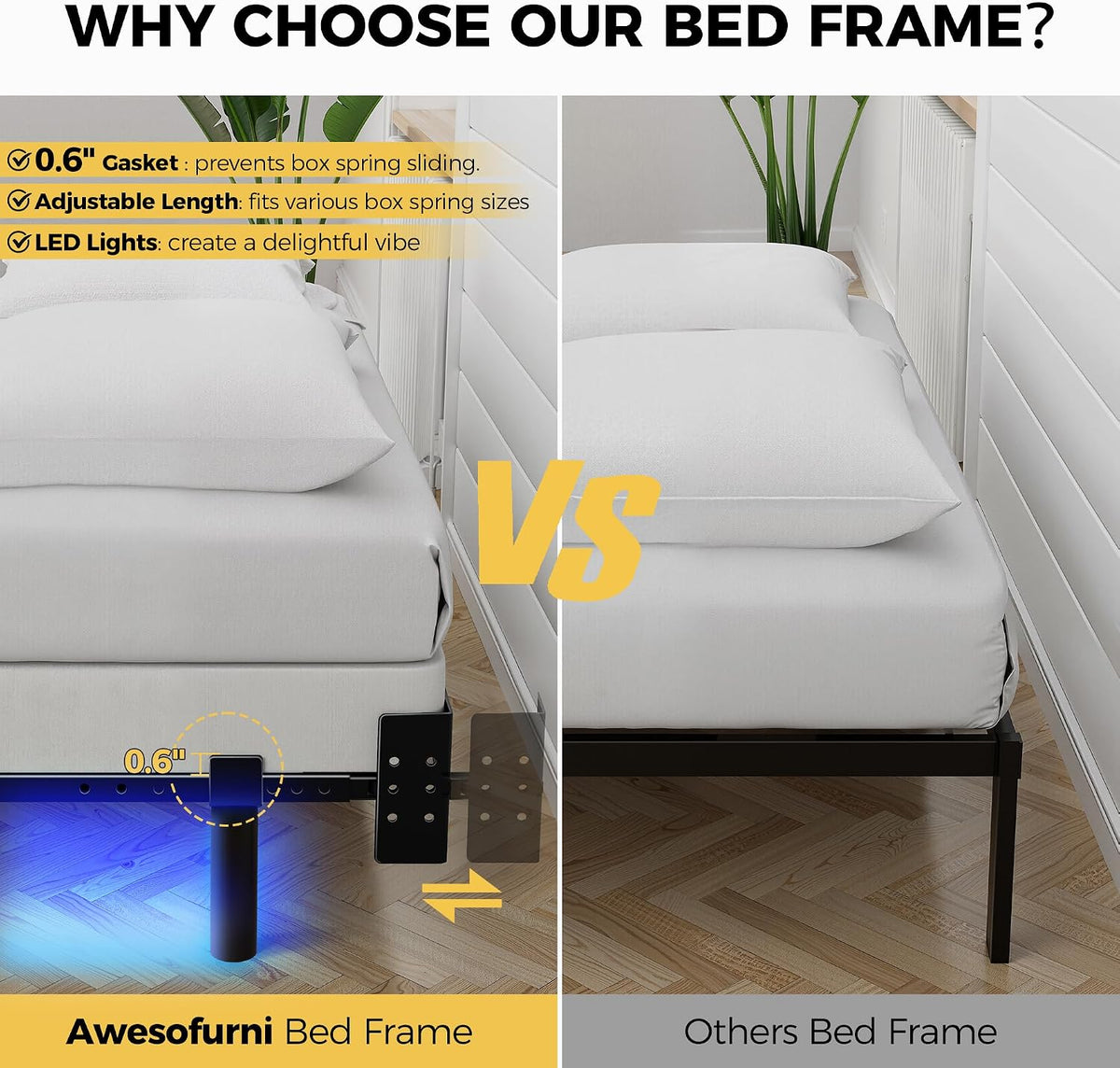 full bed frame with led lights, 7 inch, close-up detail