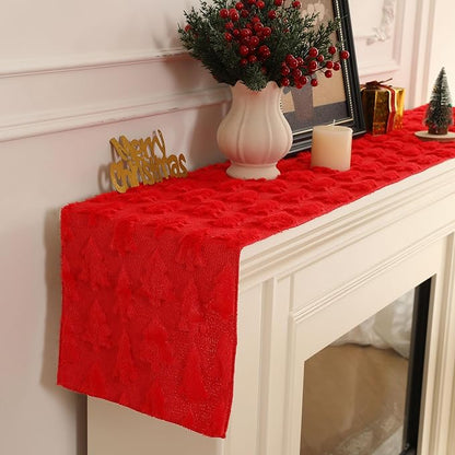 Christmas Tbale Runner 13x72 Inch Soft Plush Faux Fur Jacquard Red Big Small - Image 4