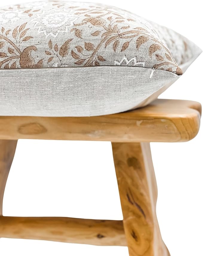 Designer Tan Beige Floral Design on Natural Linen Pillow Cover, Boho Décor - Image 4