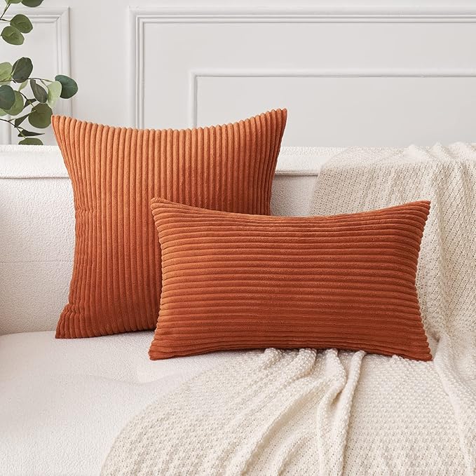 MIULEE Pack of 2 Rust Pillow Covers 12x20 Inch Soft Boho Striped Corduroy Throw - Image 4