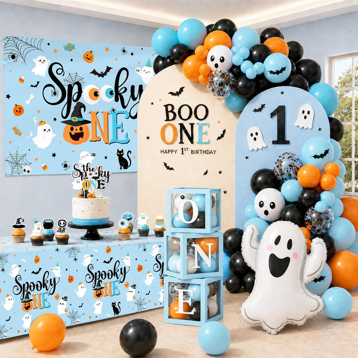Spooky One Birthday Decorations Boy,123pcs Halloween 1st Birthday Party Decorations The Spooky One Banner Backdrop Tablecloth Cake Topper Balloon Arch for First birthday Halloween Decor