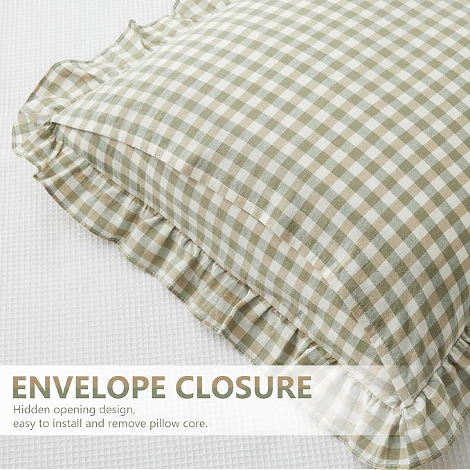 KKJIAF Ruffle Plaid Euro Sham Pillow Covers 20 x 20 Inches, Cotton Gingham - Image 5