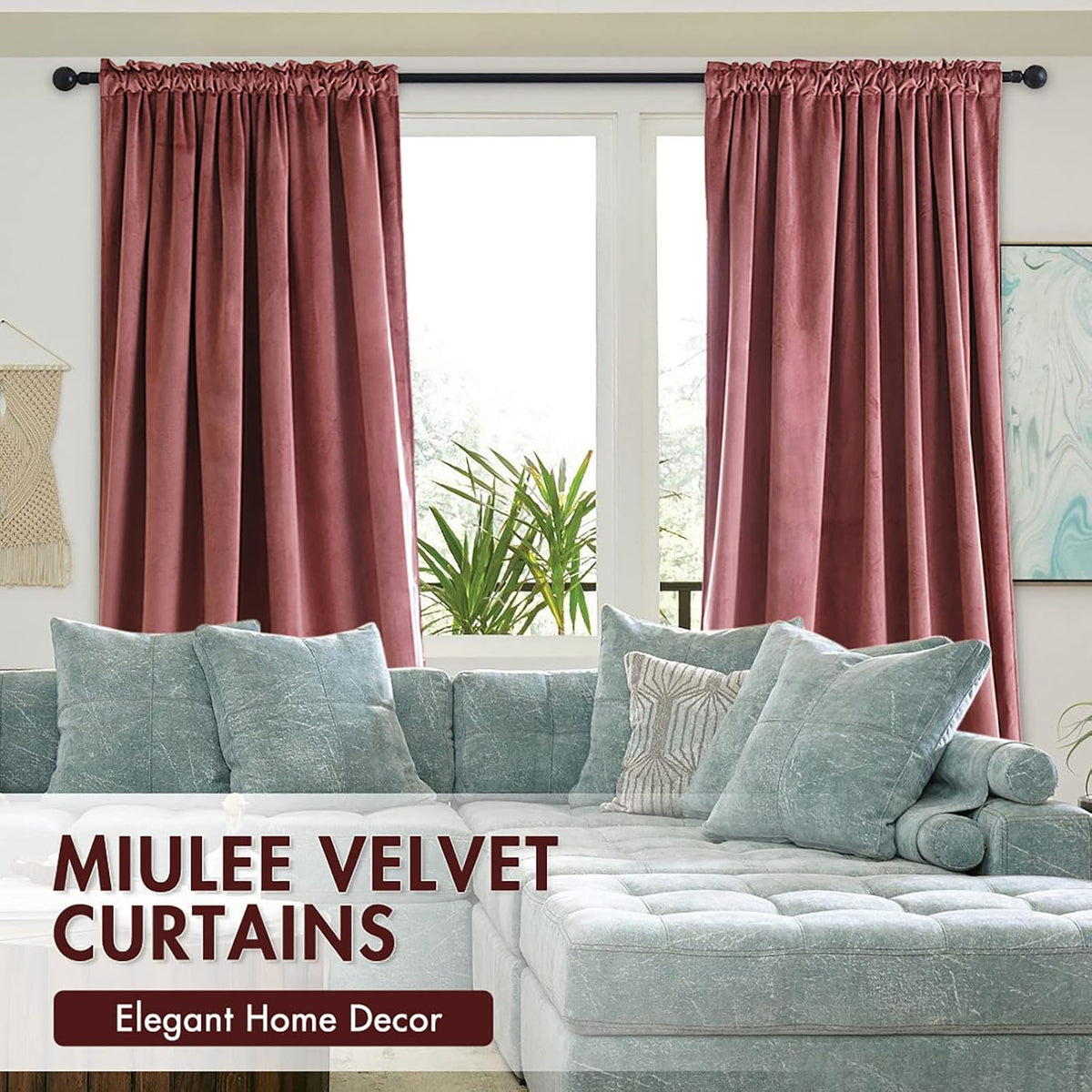 miulee dusty rose pink velvet room darkening curtains showing dimensions