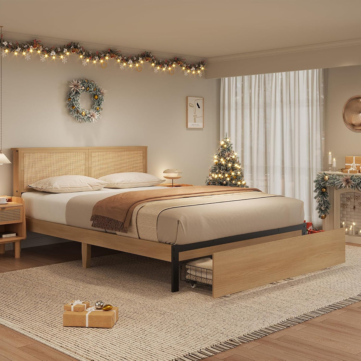 garveehome rattan queen bed frame with 2 storage, main product view