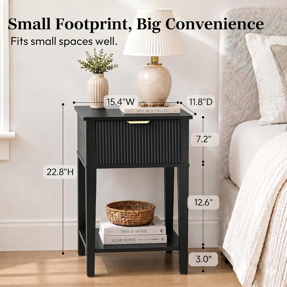 Black 15.4" Wide Small Nightstand with Drawer,Open Shelf,Fluted