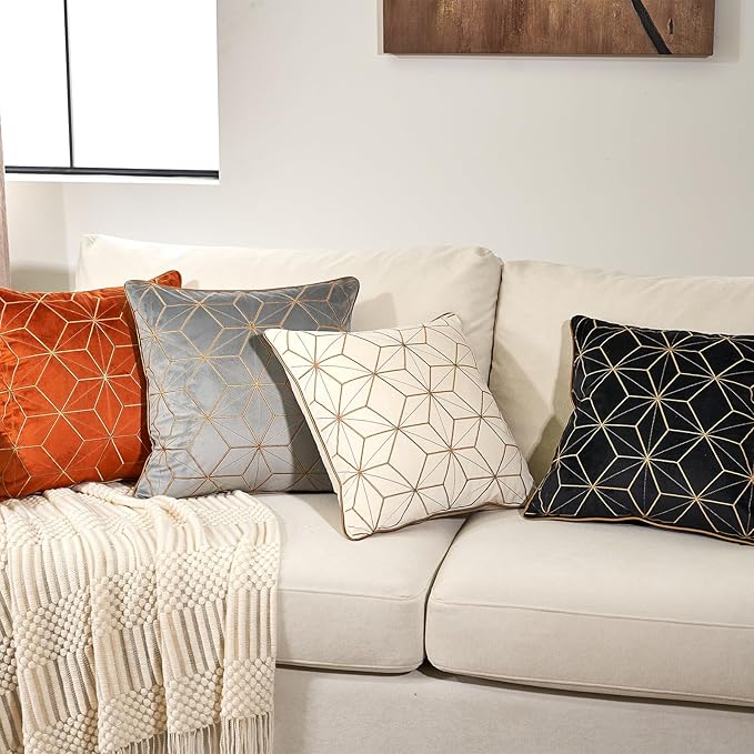 Aeckself Grey Geometric Throw Pillow Cover 18x18 Inch, Soft Velvet Gold Plaid - Image 5