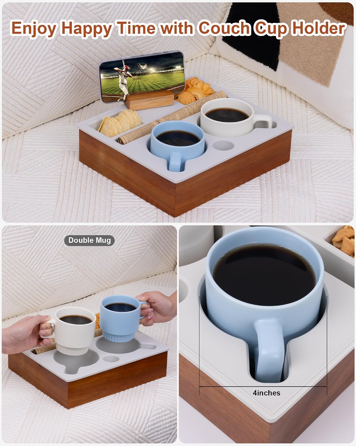 couch cup holder tray, portable silicone acacia wooden shown in use