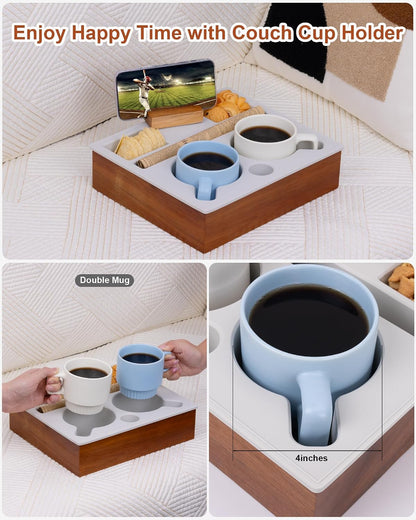 couch cup holder tray, portable silicone acacia wooden shown in use