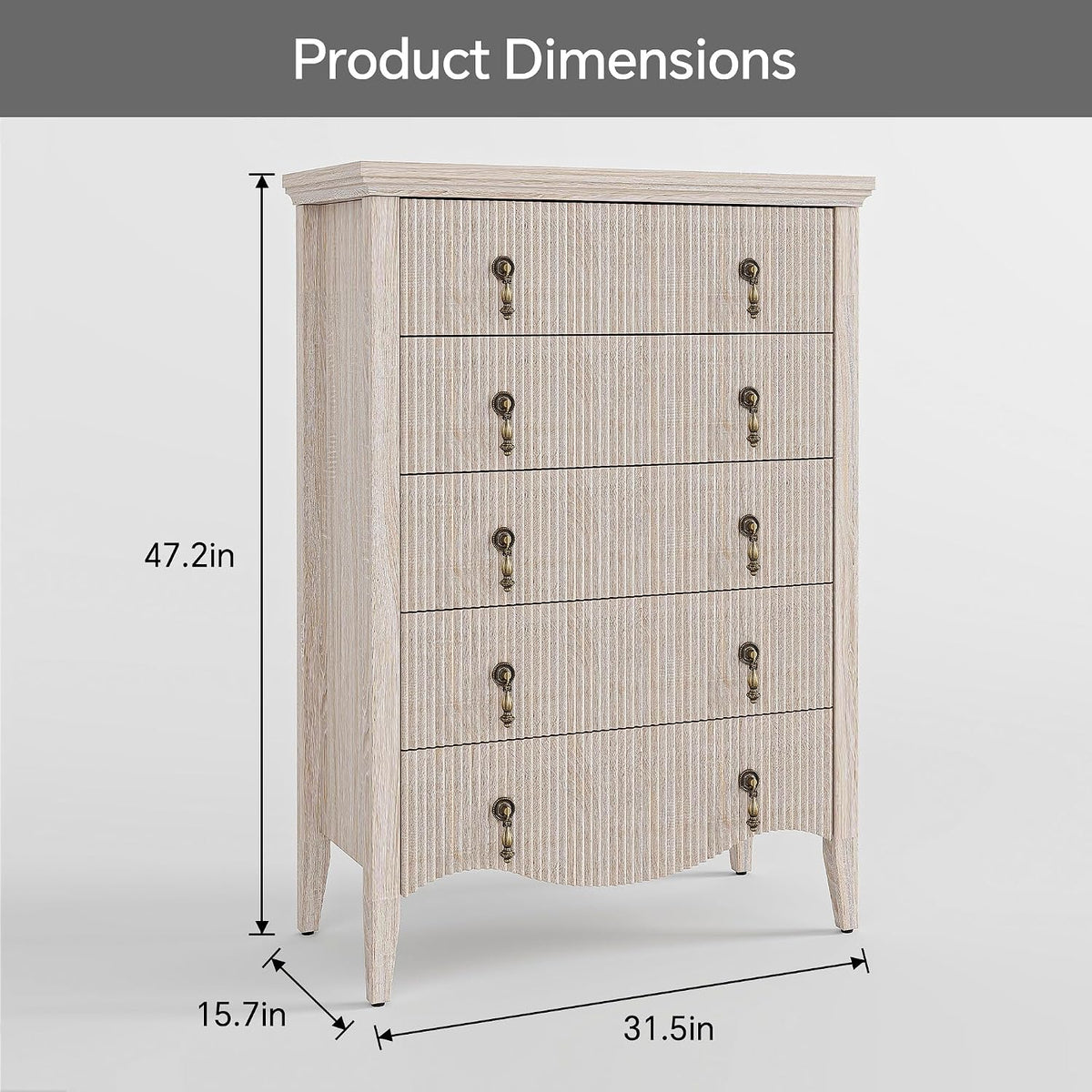 5-drawer 47" tall fluted dresser, vertical chest of, close-up detail