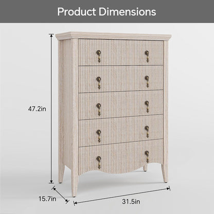 5-drawer 47" tall fluted dresser, vertical chest of, close-up detail