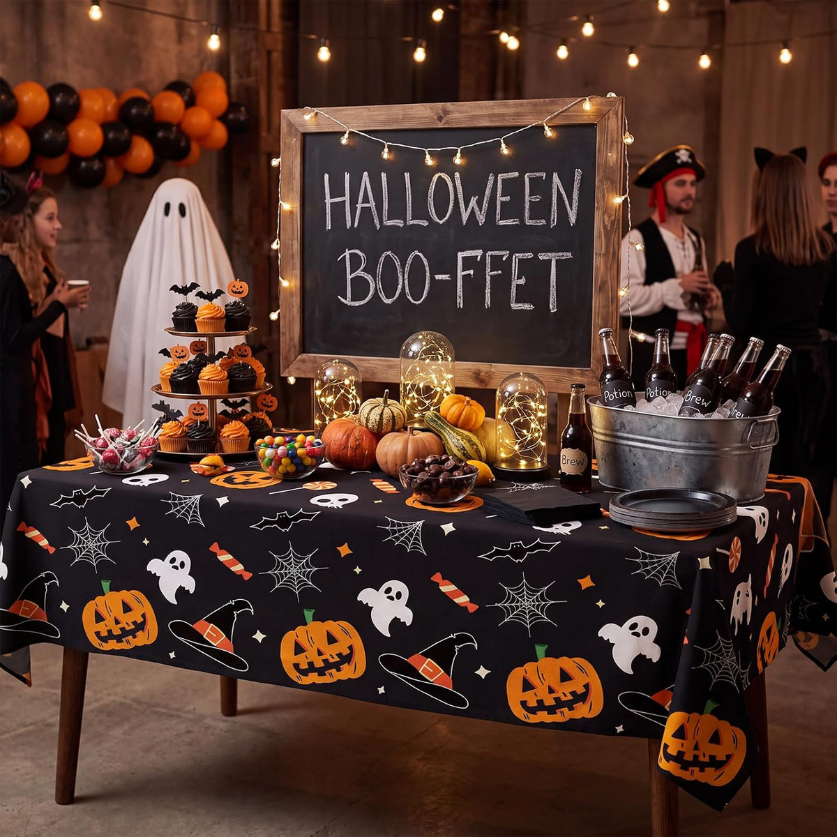 CXPSINC 54 Inch X 300 Feet Plastic Table Cover Roll Disposable Halloween Tablecloth with Slide Cutter Pumpkin Ghost Plastic Table Covers for Halloween Party Decorations(Pumpkin Ghost, 300 Feet)