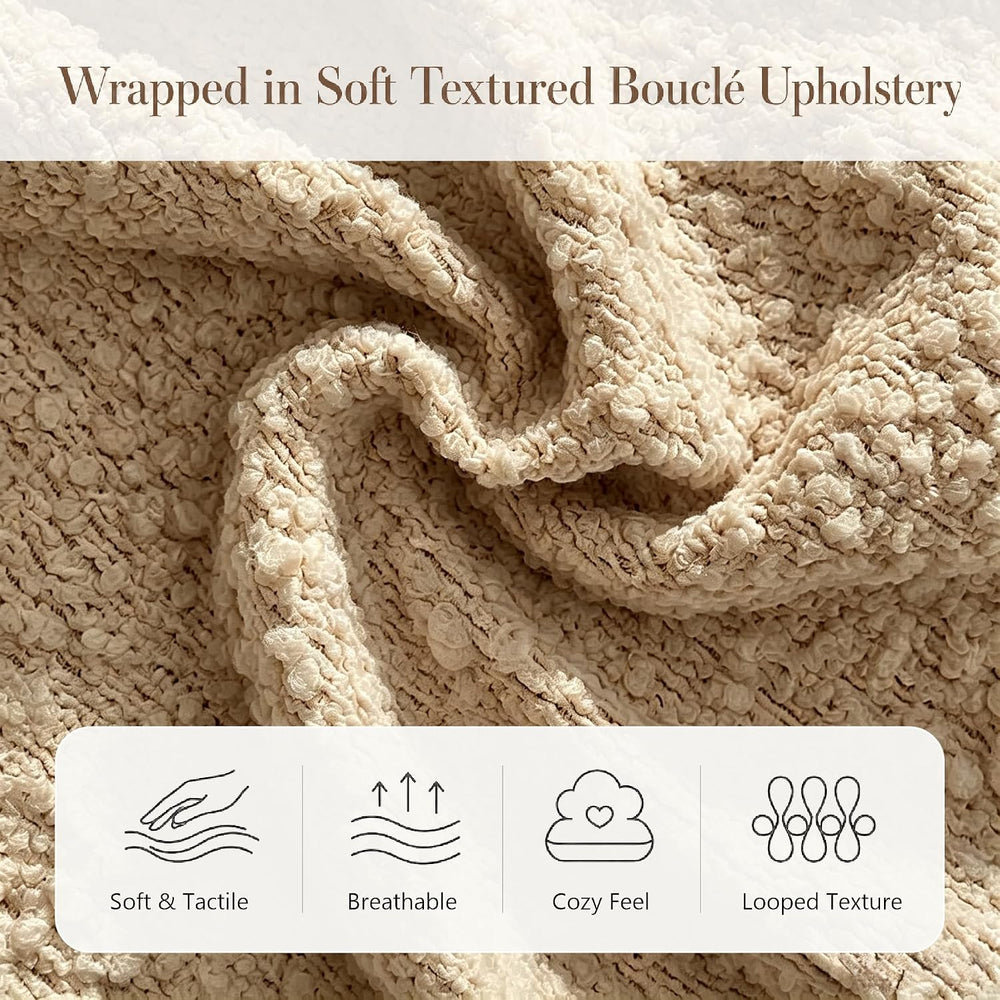 BarnFurin Twin Bed Frame, Cloud Boucle Headboard, Rounded Corners, Beige