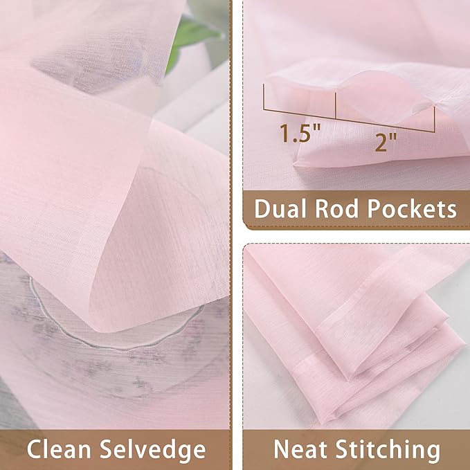 Pink Sheer Curtains 63 Inch Length, Privacy Semi Sheer Curtains - Image 5