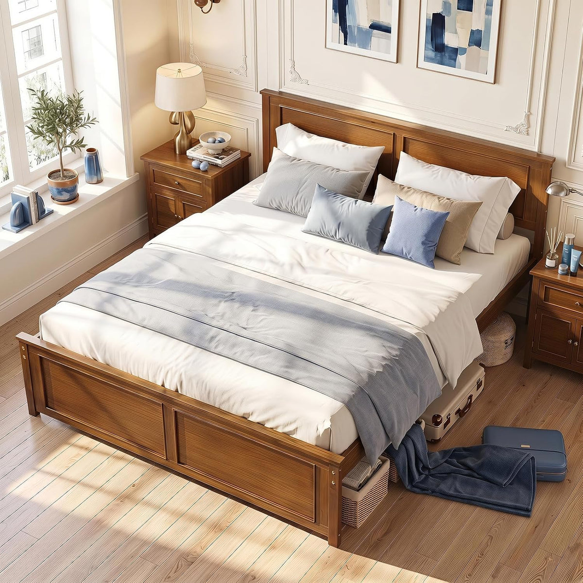 komfott queen size bed frame, farmhouse wooden platform, main product view