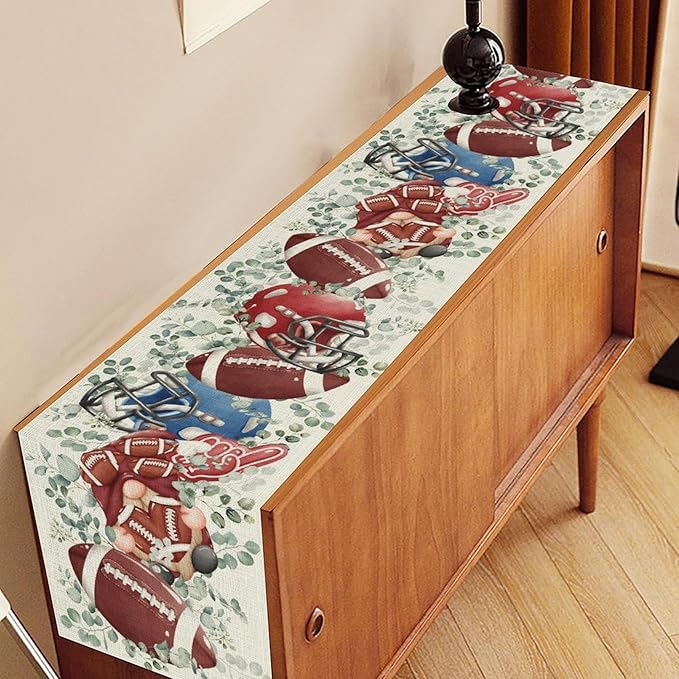 Rugby Table Runner, Seasonal Eucalyptus Rugby Boy Gnome Football Game Day - Image 3
