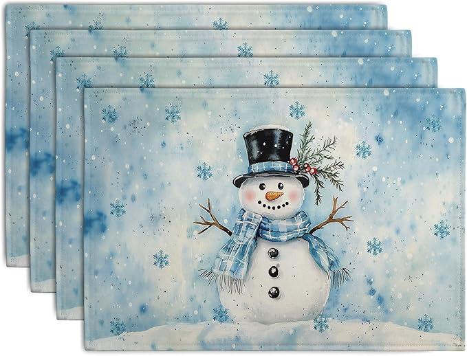 Blue Snowman Snowflake Winter Placemats Set of 4 Seasonal Christmas Linen Table by Wnoesat