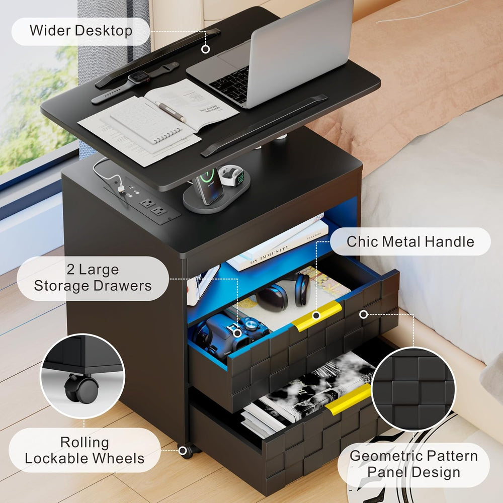 Lareth Rolling Nightstand with Wheels, LED Lights, Charging Station
