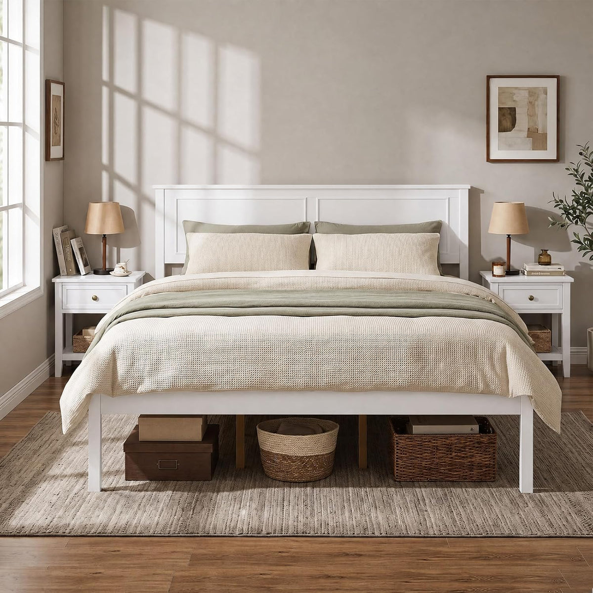 komfott queen size bed frame, farmhouse wooden platform, side view