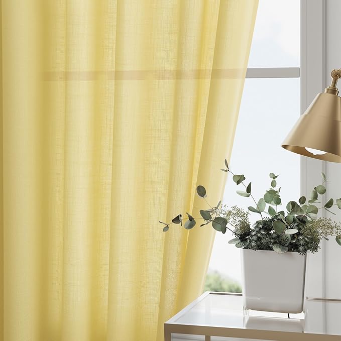 Yellow Semi Sheer Curtains 108 Inches Long 2 Panels Set Back Tab Loop Pocket - Image 2