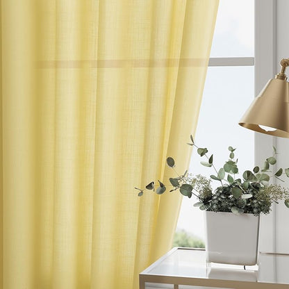 Yellow Semi Sheer Curtains 108 Inches Long 2 Panels Set Back Tab Loop Pocket - Image 2