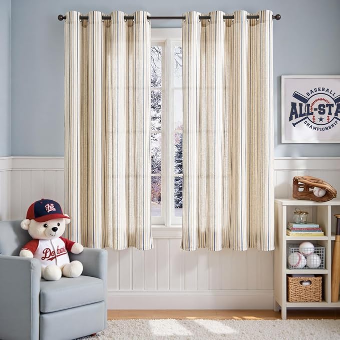 Vangao Linen Striped Blue Curtains Boho Tickingstripe Light Filtering Nursery - Image 2