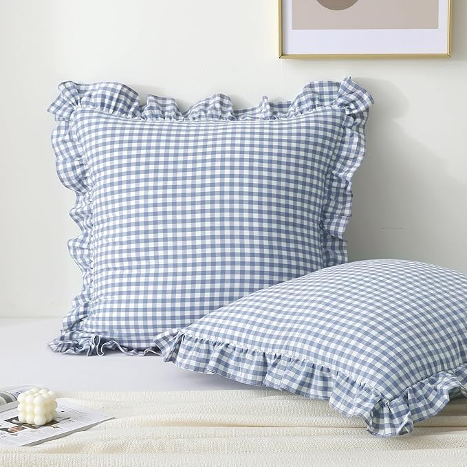 2 Pack Dust Blue White Plaid Ruffle Euro Throw Pillow Covers, 100% Cotton by KMASANIJI