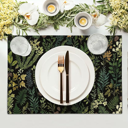 Black Sage Green Plant Placemats Set of 4 Vintage Botanic Fern Leaves Herb - Image 3