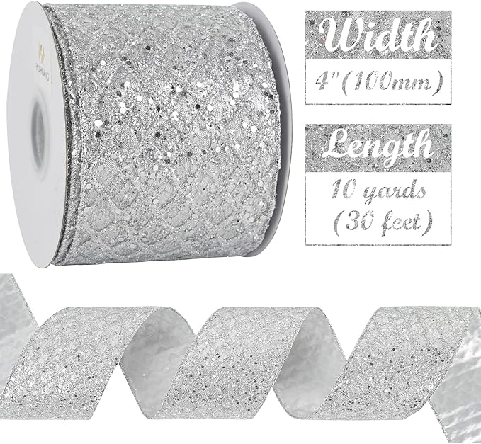 HUIHUANG Silver Christmas Ribbon 4 inch Silver Glitter Wired Ribbon Diamond - Image 3